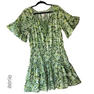 AERIE | NWOT SMOCKED WAIST GREEN FLORAL MINI DRESS LINEN BLEND RUFFLES | LARGE